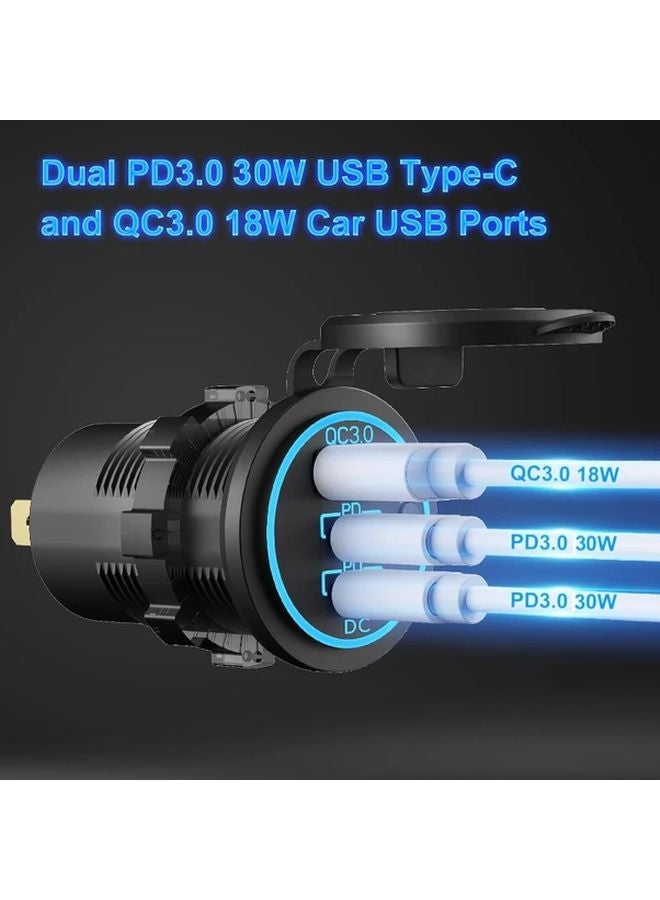 شاحن سيارة سريع 60 واط ضوء أخضر مع منفذ USB C PD ومنفذي QC3.0 مزدوجين، مفتاح لمس، هيكل ألومنيوم، يشمل كابل وصمام حماية. - Image 2